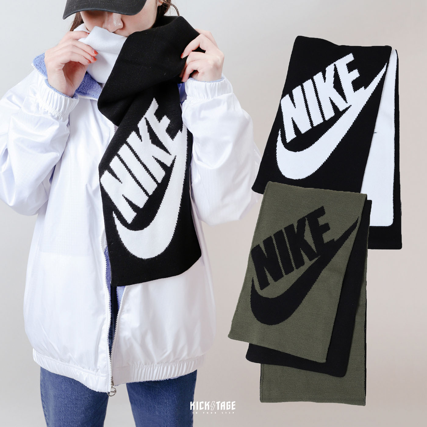 NIKE SPORT SCARF 黑白 墨綠 字勾大LOGO 雙面 雙色 雙層針織 保暖 圍巾 披肩【DN0574-010】