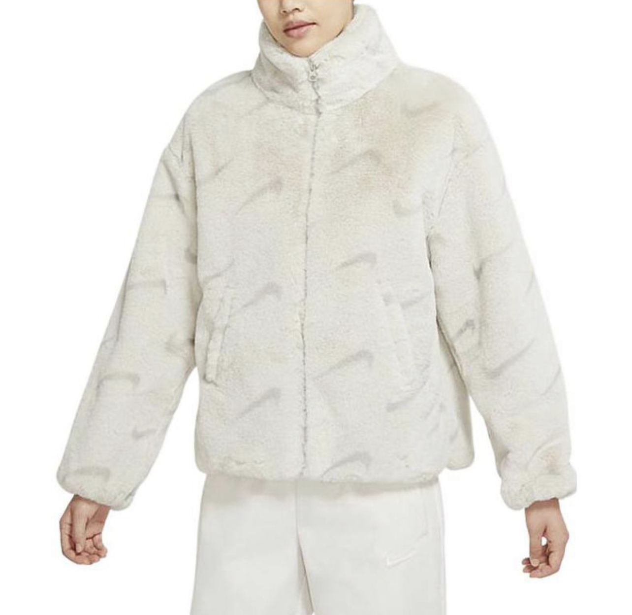 NIKE女款 毛毛外套 立領外套保暖 米白 黑 DQ6843-072 NOVLU