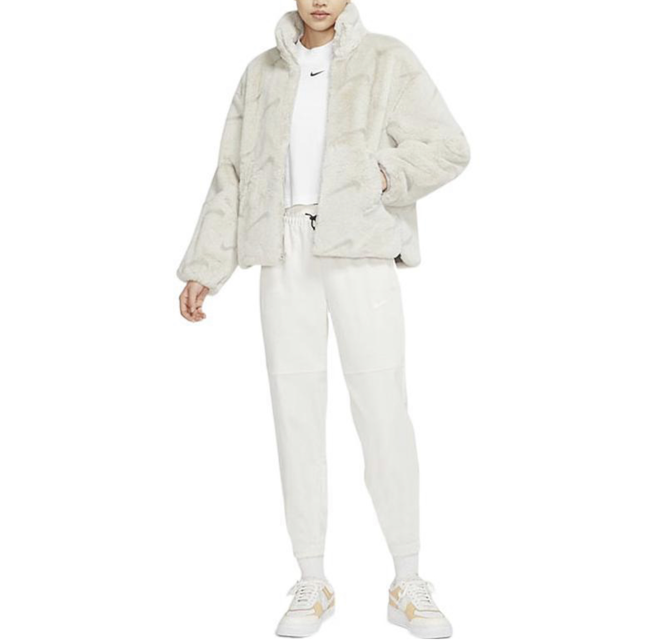 NIKE女款 毛毛外套 立領外套保暖 米白 黑 DQ6843-072 NOVLU