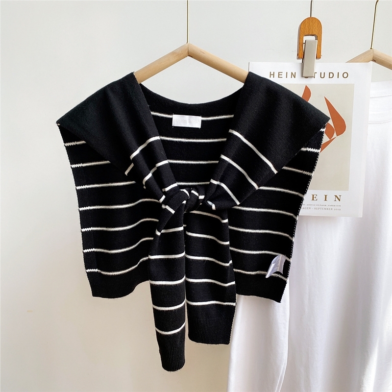 綁帶式寬條紋針織披肩 六色