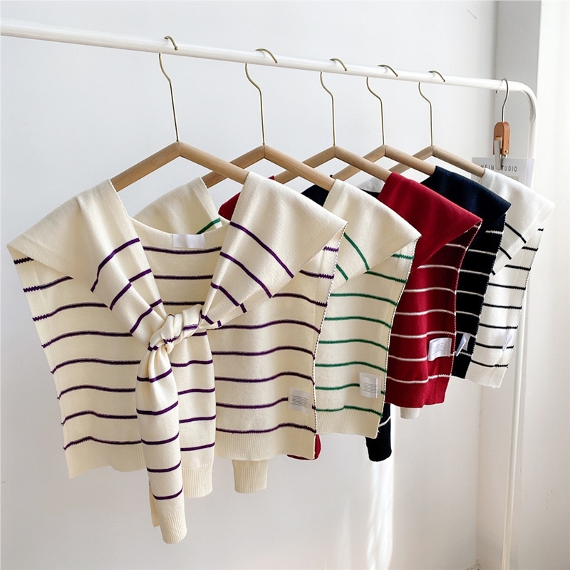 綁帶式寬條紋針織披肩 六色