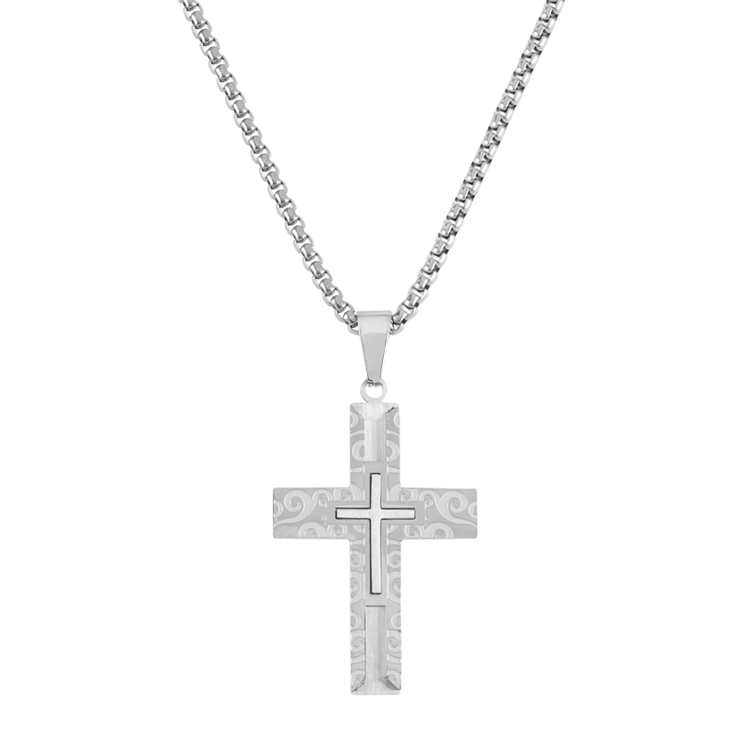 白鋼項鍊，男士項鍊 十字架祥雲紋理；十足展現讓細節更有層次感（2894銀色）