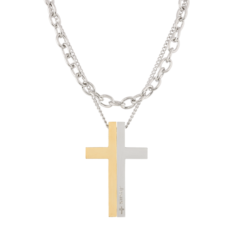 白鋼項鍊，男士項鍊 雙色對稱十字架；Jesus耶穌 雙層鍊設計（2895銀金）