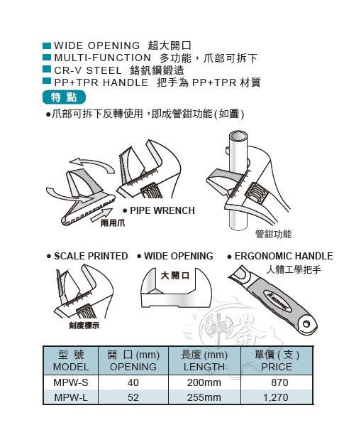 ＊中崙五金【附發票】ALSTRONG 管鉗+活動2用板手 40mm大開口 活動板手 管子鉗 水管鉗 MPW-S