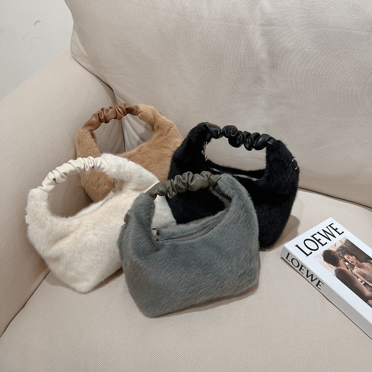 韓國秋冬絨毛手提包/四色