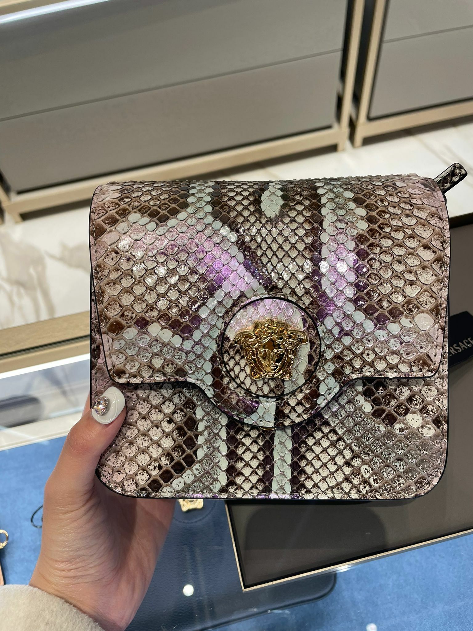 VERSACE SLING BAG WITH SNAKE SKIN AND GOLD MEDUSA LOGO