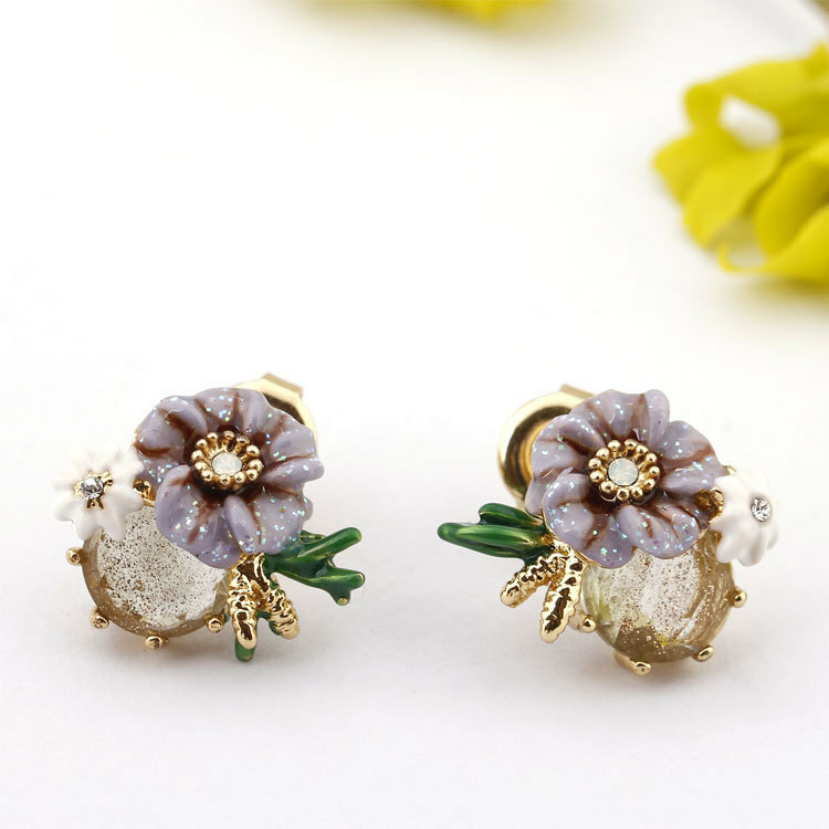 【手繪琺瑯】DEER.W 紫花鑽手繪琺瑯耳環