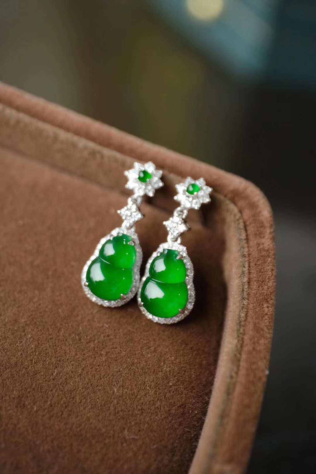 濃陽綠葫蘆耳墜, 天然翡翠A玉, 緬甸玉, Jade, Jadeite