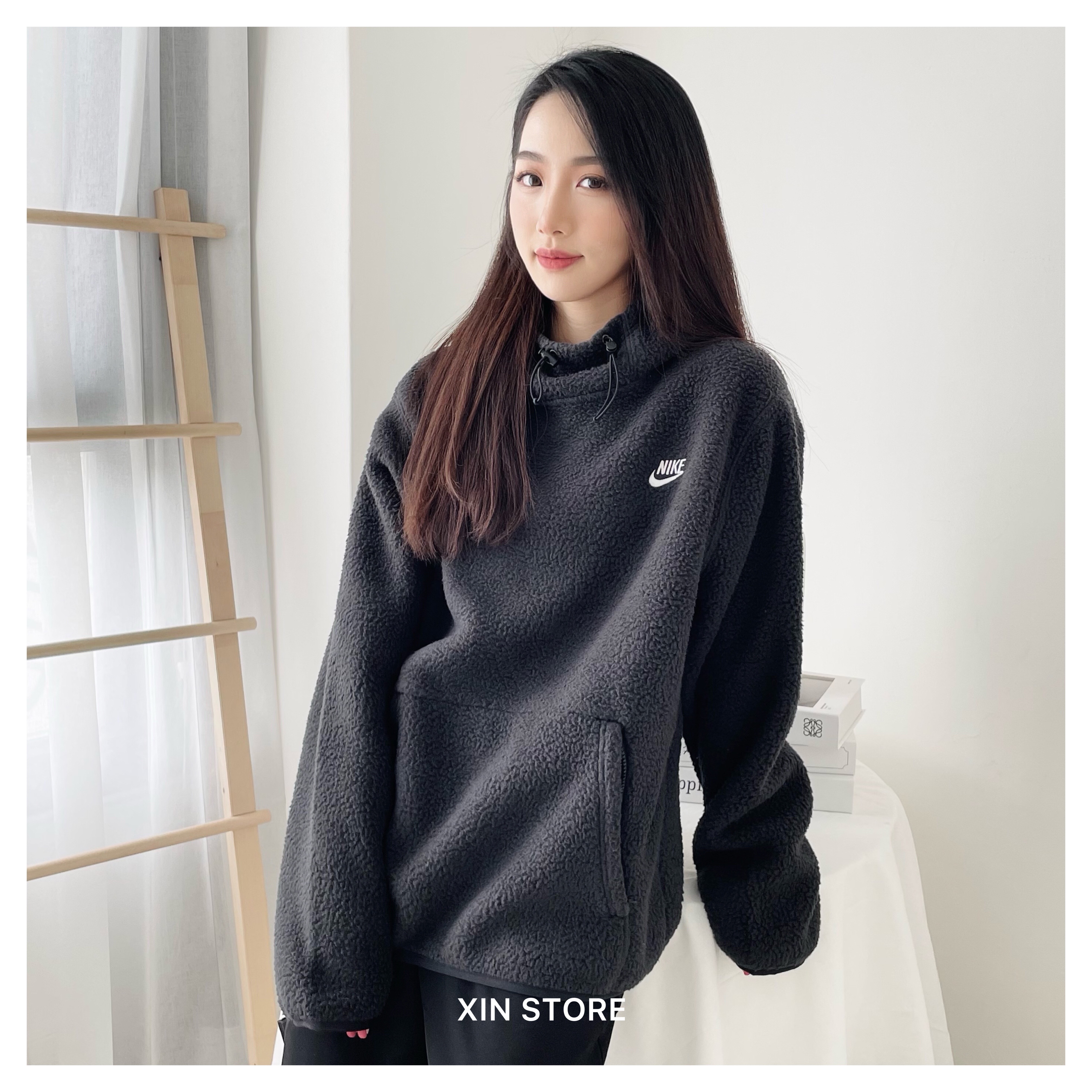 【現貨】Nike NSW Hoodie 羊羔毛 刺繡 網布 大Logo 抽繩 高領 帽Tee 米白 質感黑