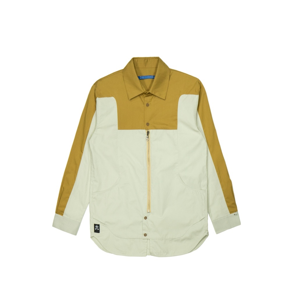 拼色長袖拉鍊襯衫-卡其