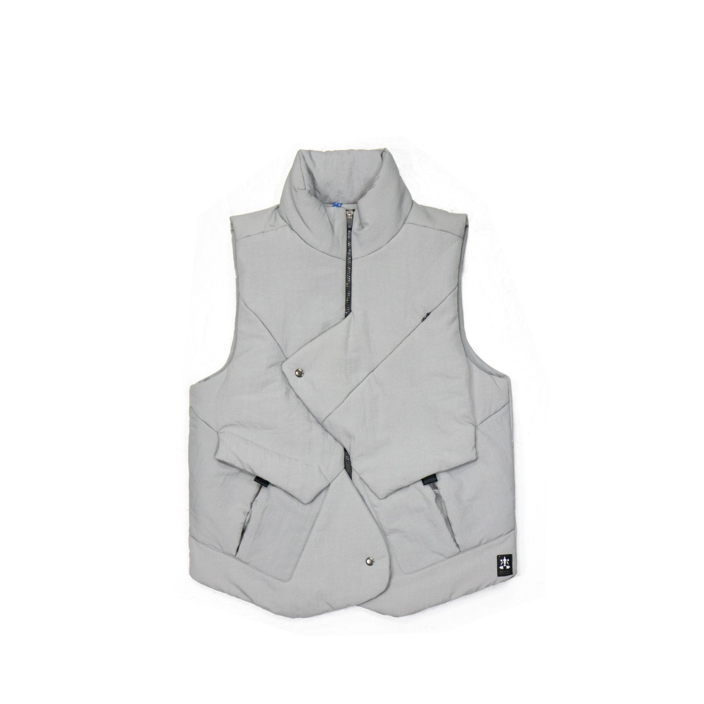 立領不對稱鋪棉背心-灰