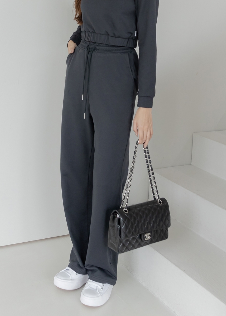 高腰磨毛感長寬褲- Black