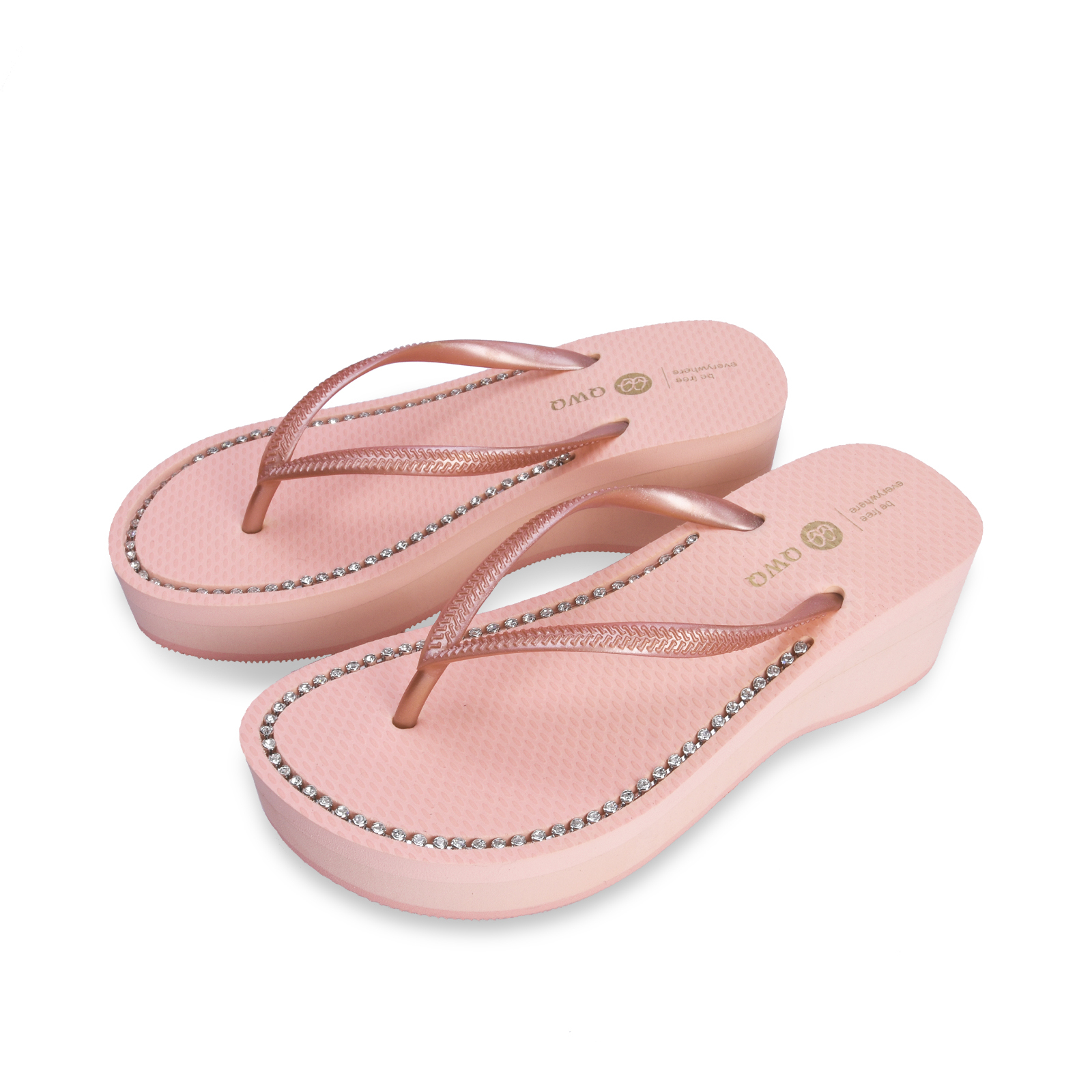 璀璨厚底拖鞋 女款3公分厚底 國際知名水鑽元素 粉金