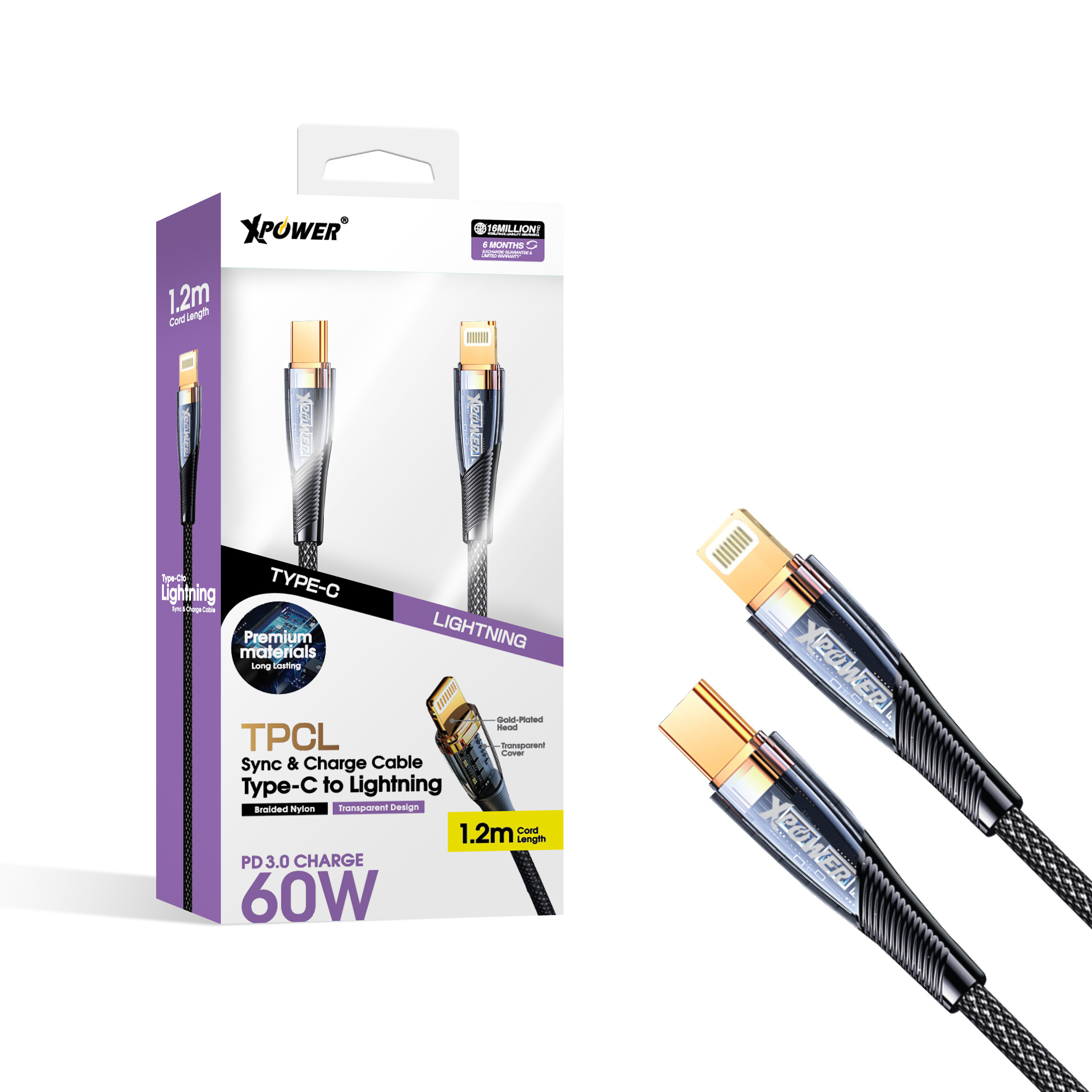 XPower TPCL 1.2M 60W高速傳輸充電 Type-C>Lightning線