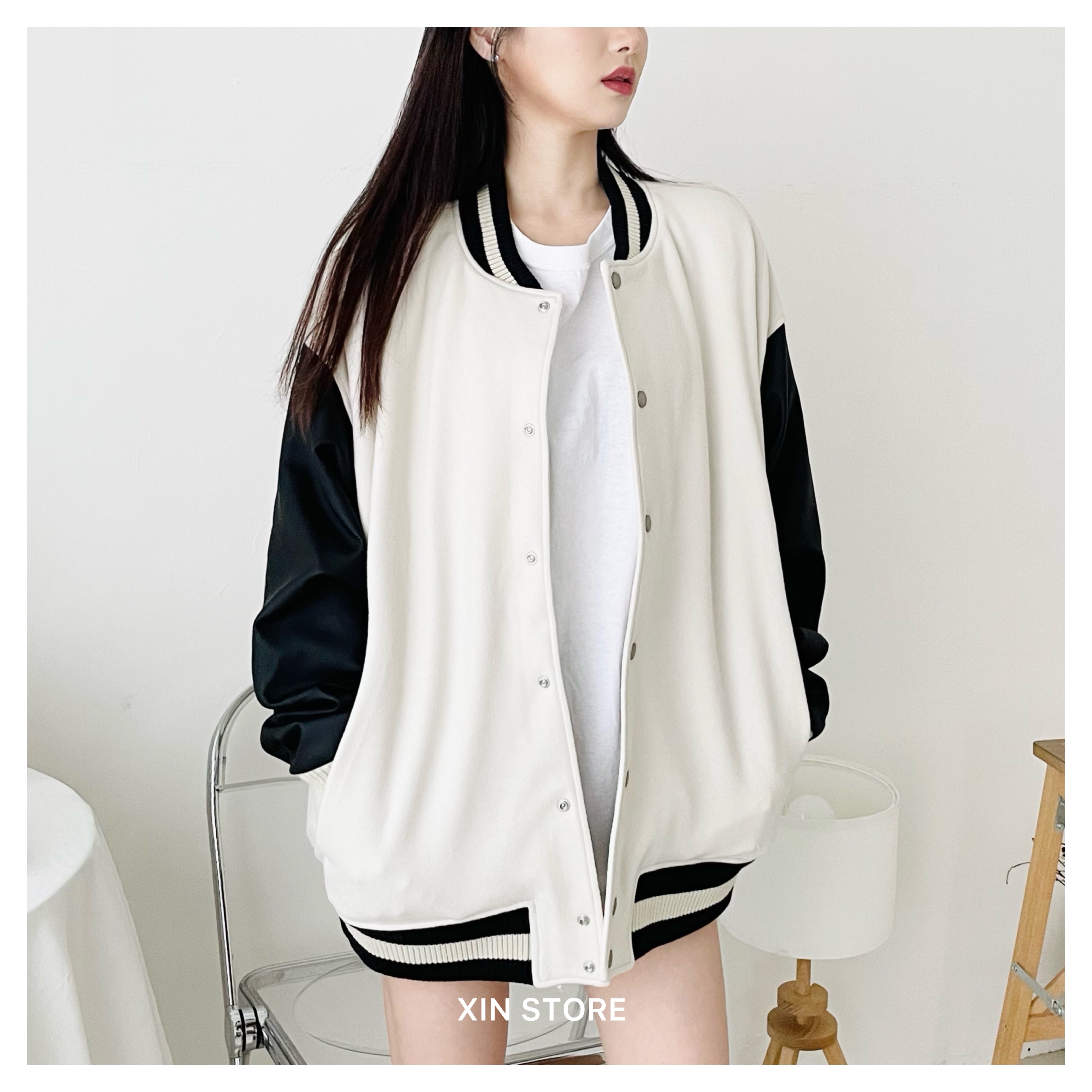 【現貨】BOHRHOO 22AW 外套 拼接 皮革 簡約 寬鬆 棒球外套 米白黑 黑米白