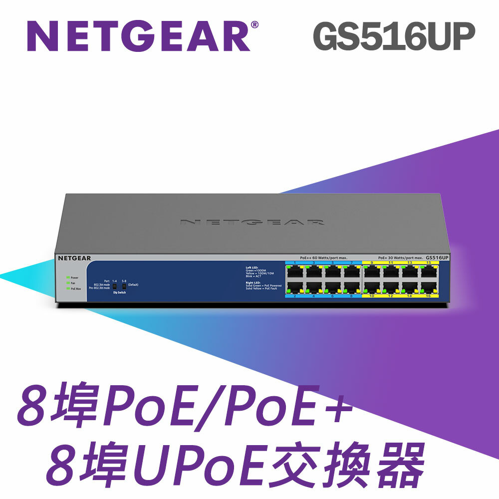 NETGEAR GS516UP 8埠 Gigabit PoE (單埠60W) + 8埠 GigabitPoE (單埠30W) 交換器 總PoE瓦數380W