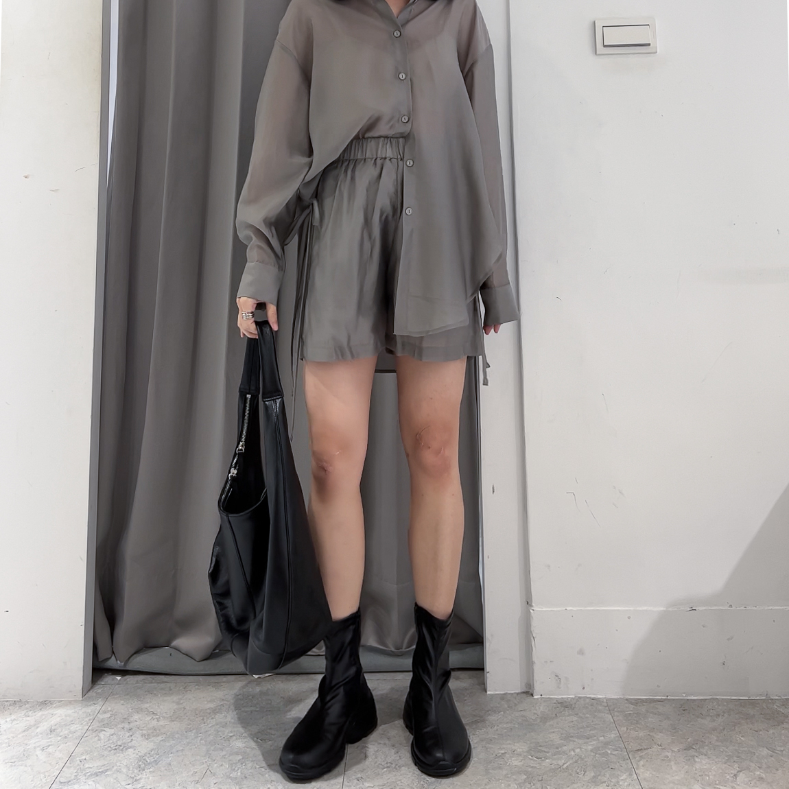 100%天絲彈性鬆緊短褲(灰藍)