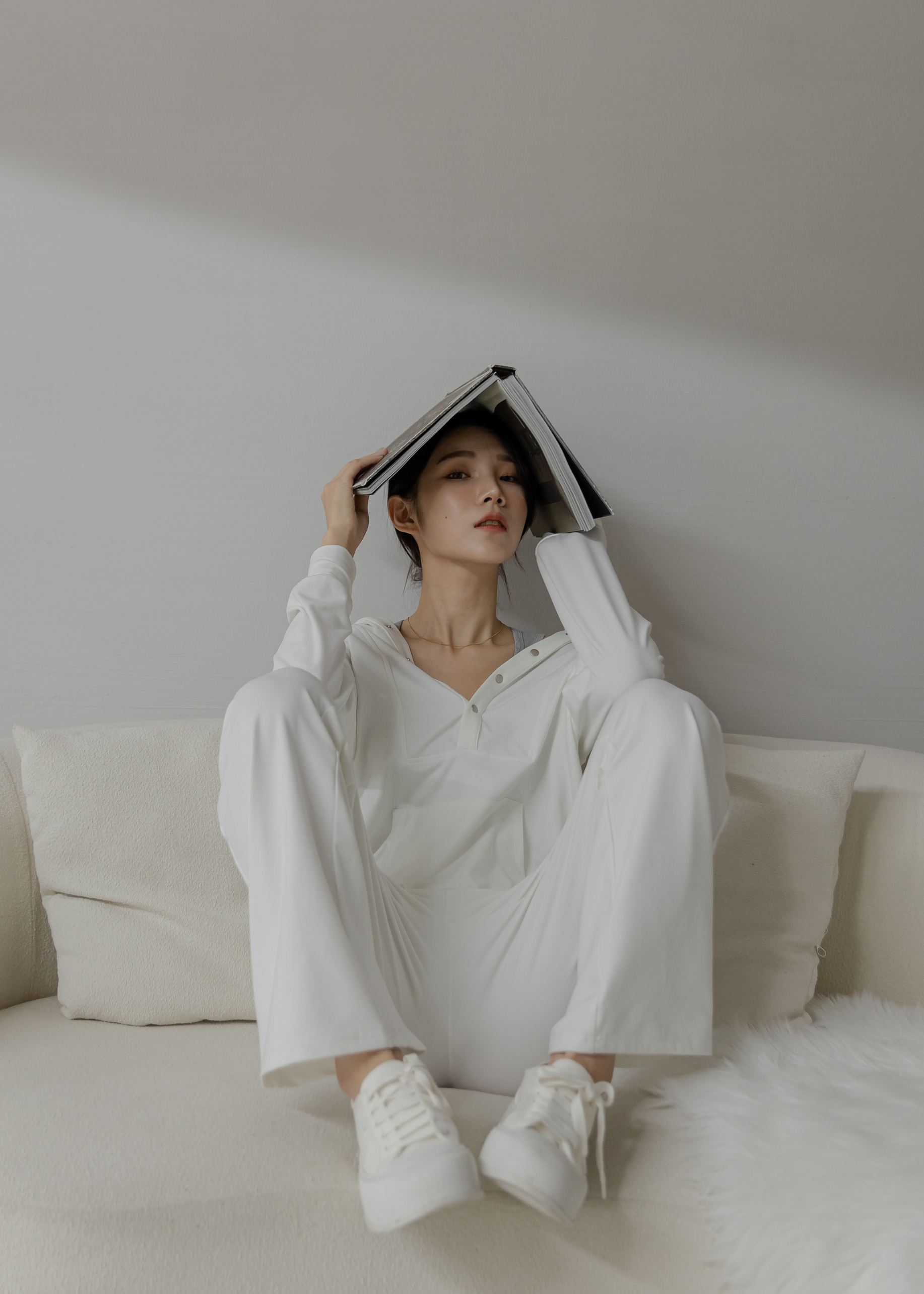 磨毛感寬鬆前開釦Hoodie- White