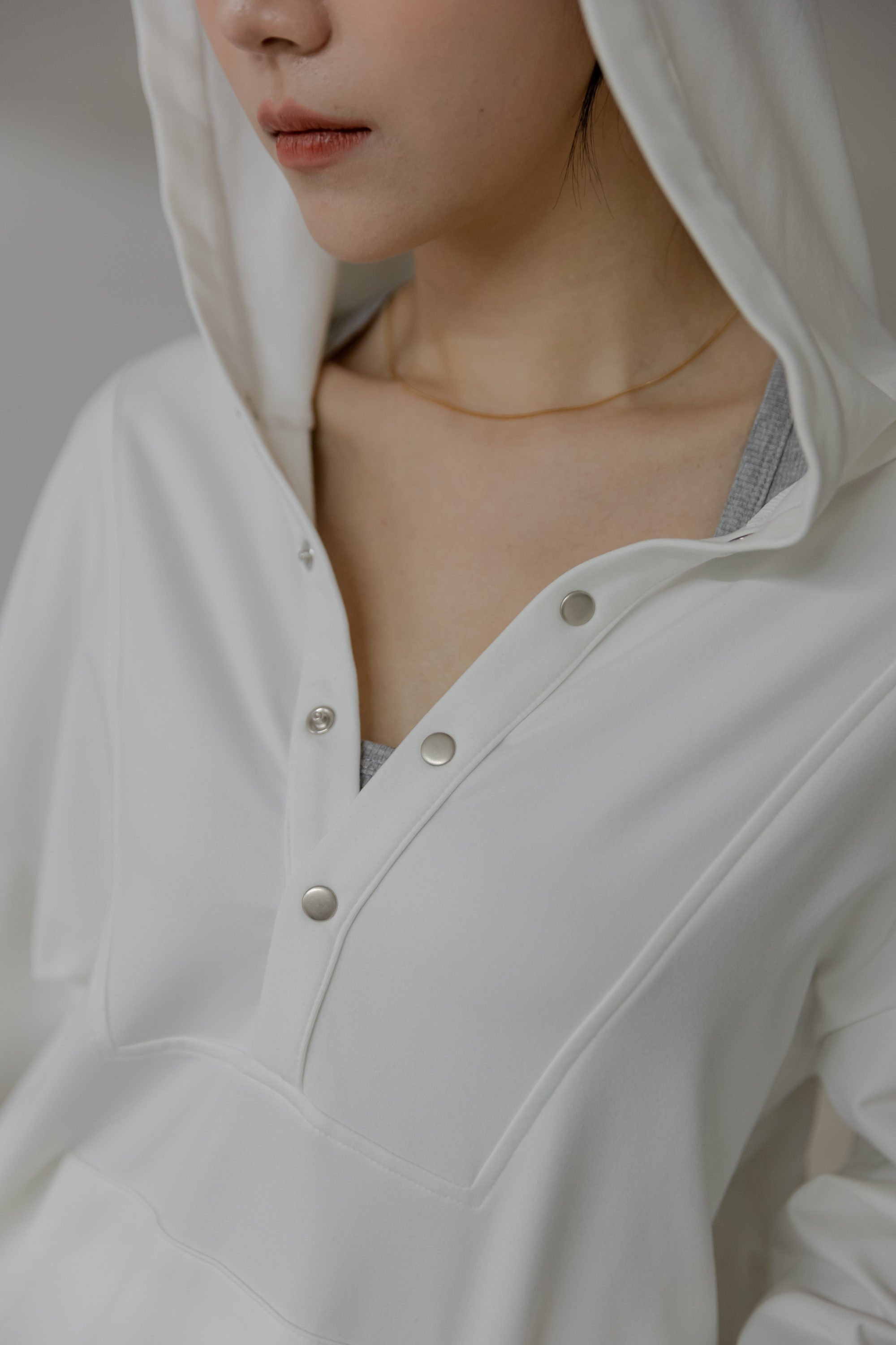 磨毛感寬鬆前開釦Hoodie- White