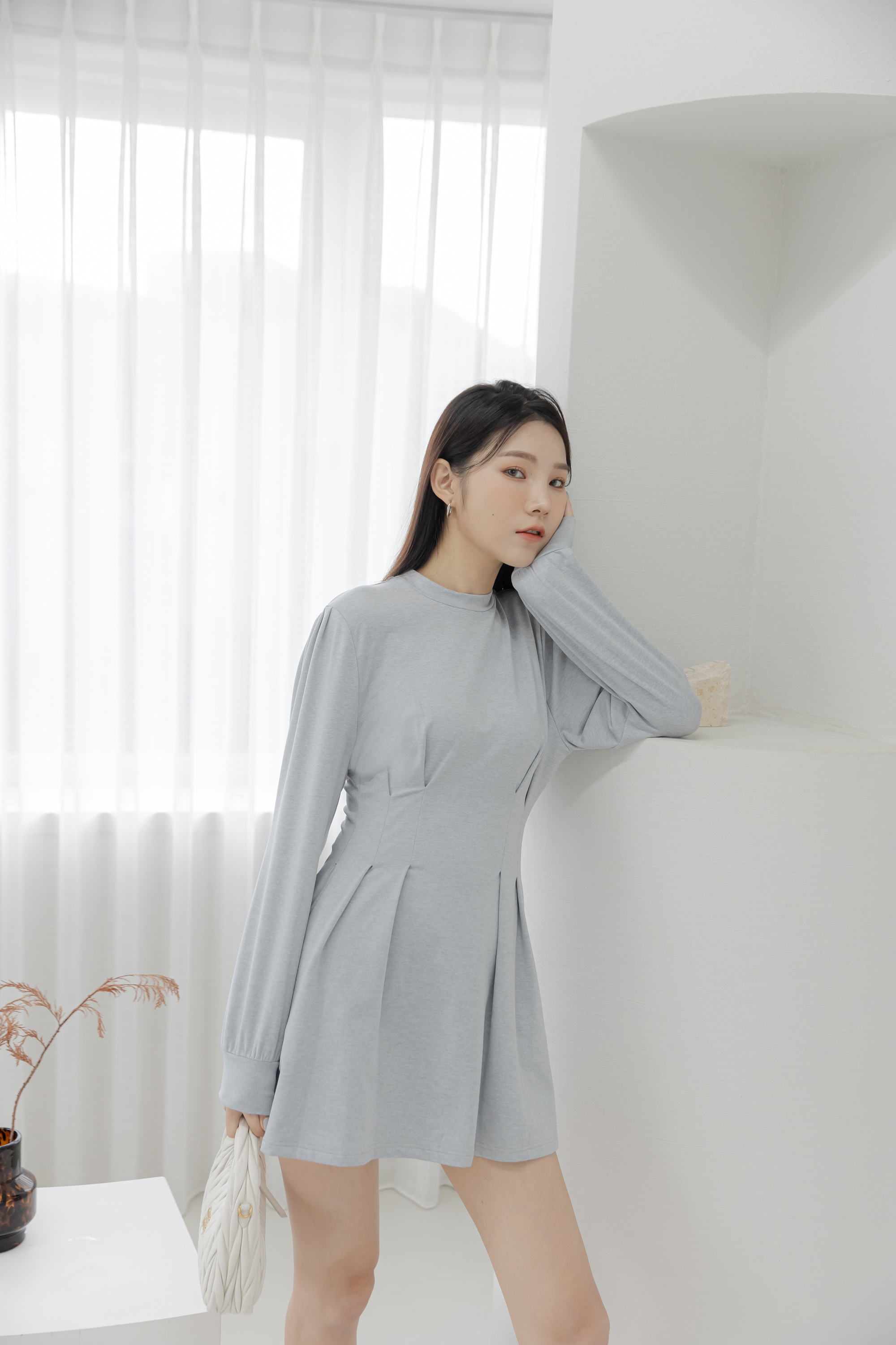 俐落磨毛感收腰A-Line Dress- Light Grey Heather