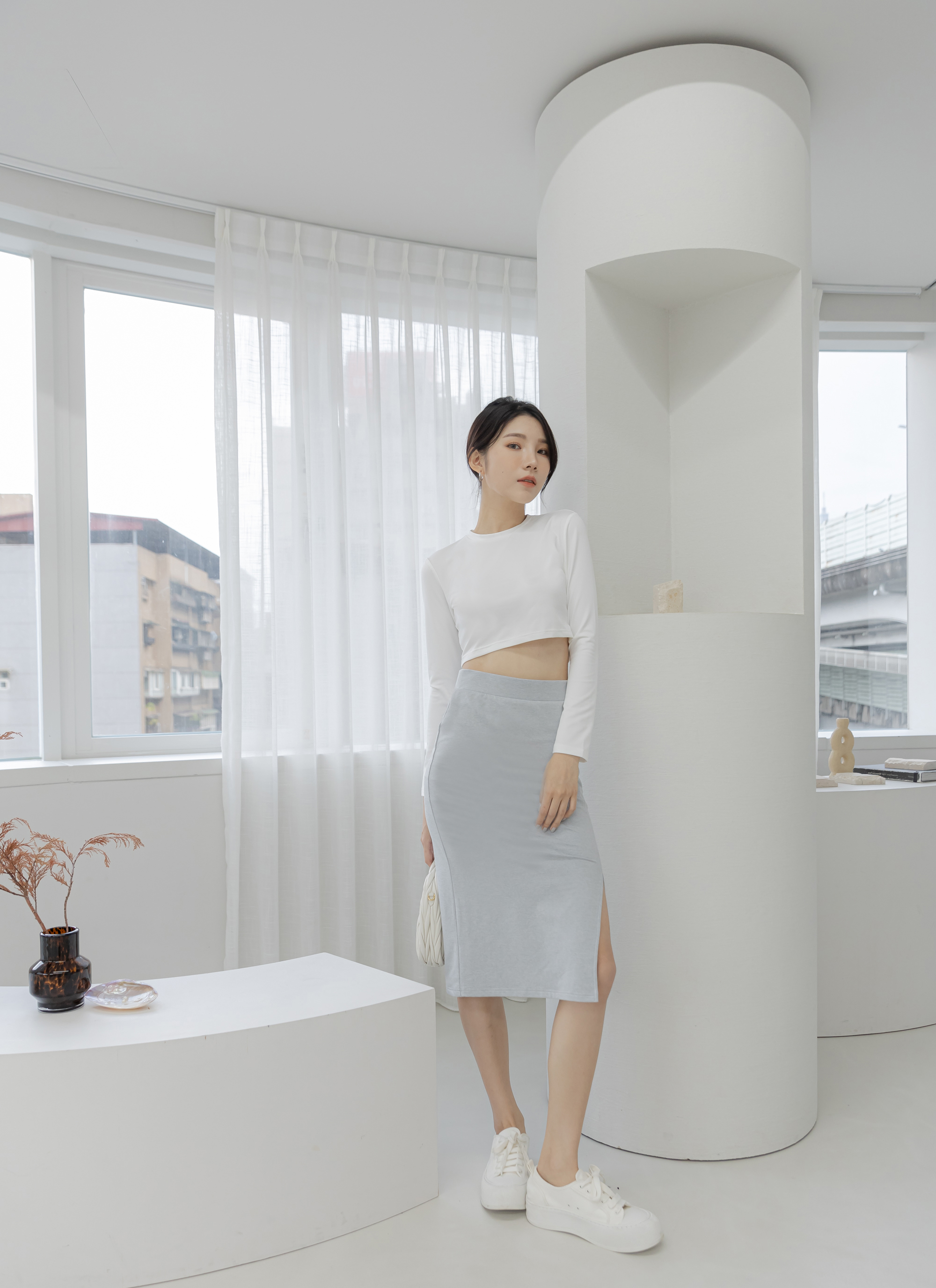 磨毛感側開岔窄裙- Light Grey Heather