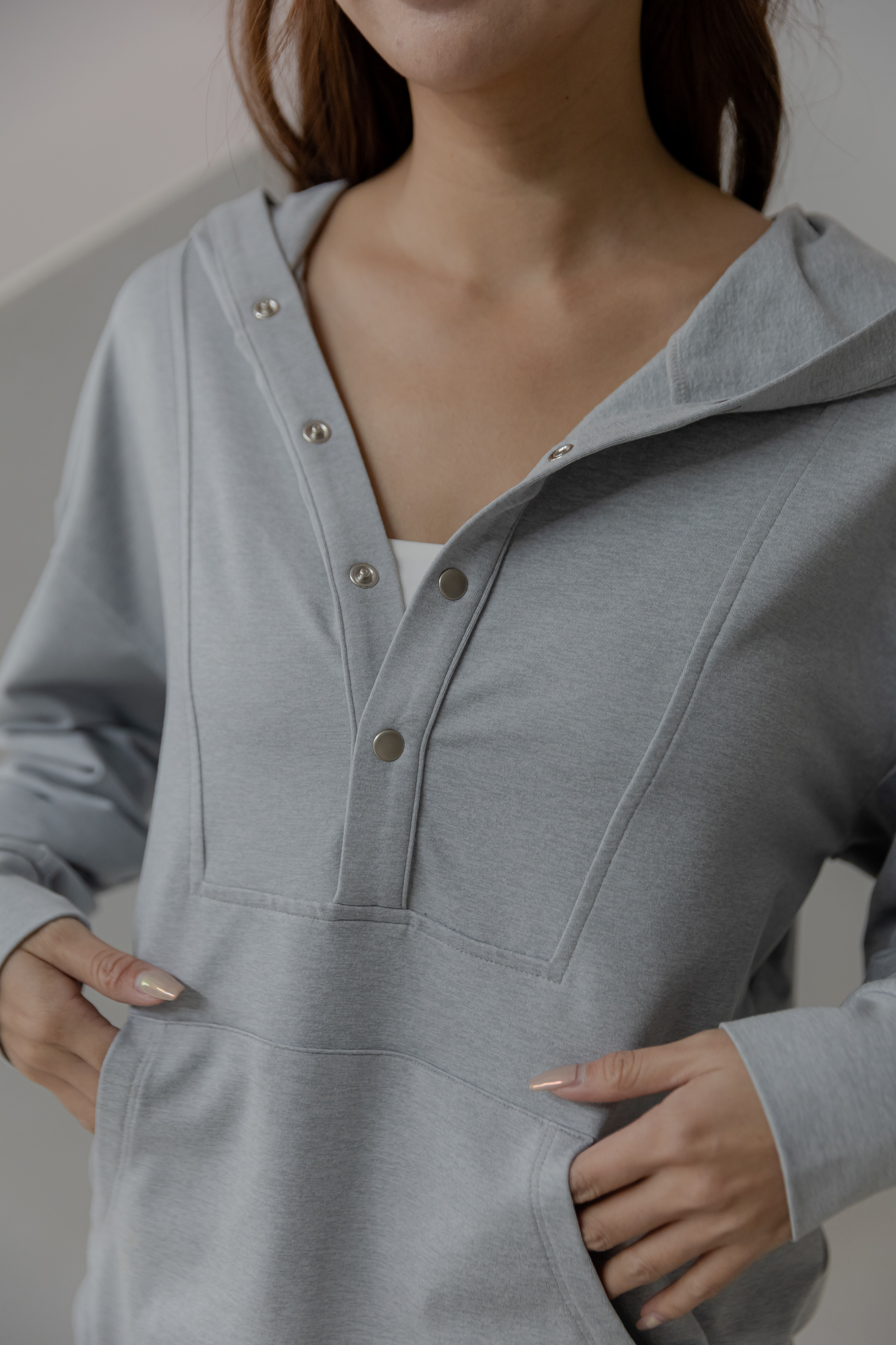 磨毛感寬鬆前開釦Hoodie- Light Grey Heather