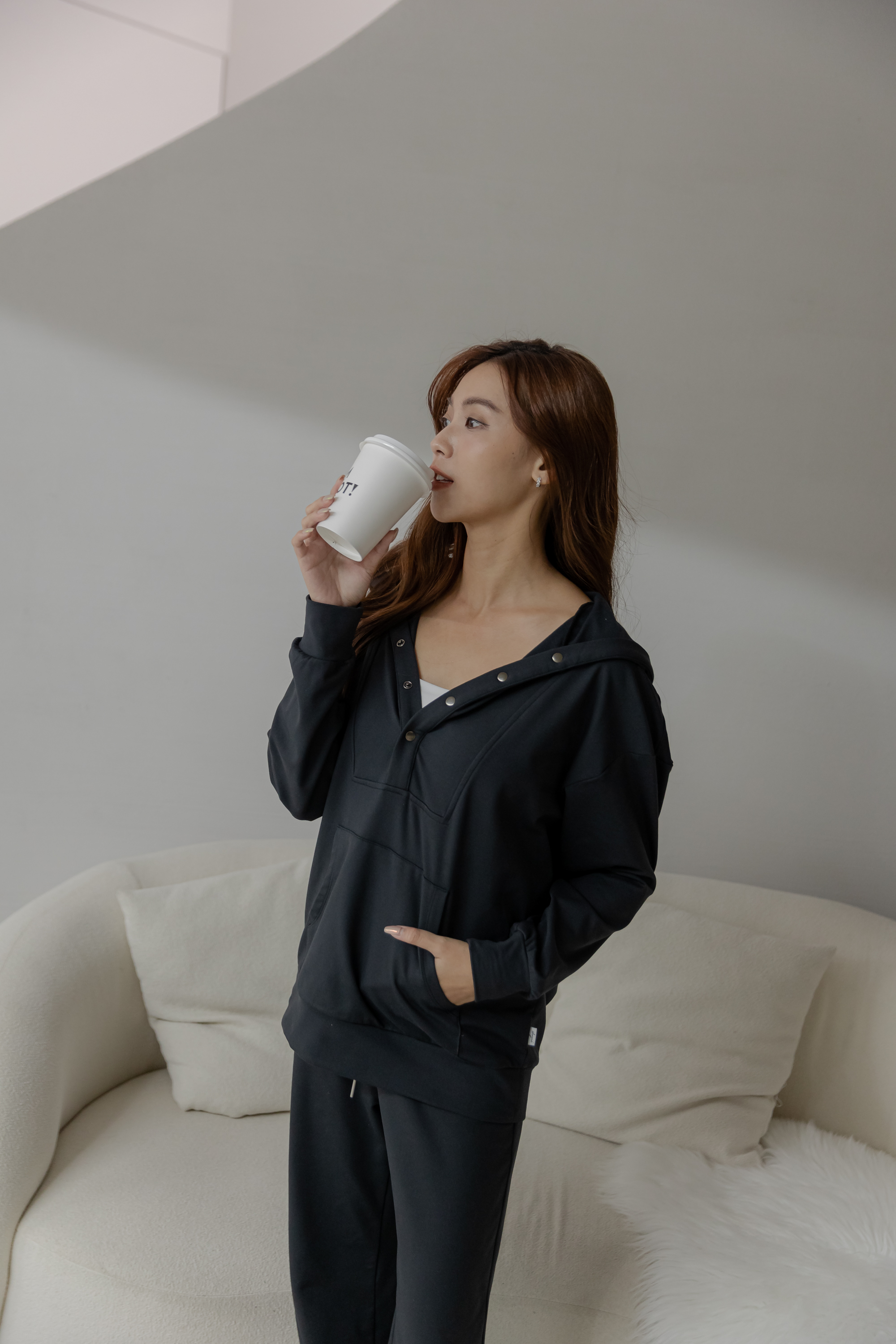 磨毛感寬鬆前開釦Hoodie- Black