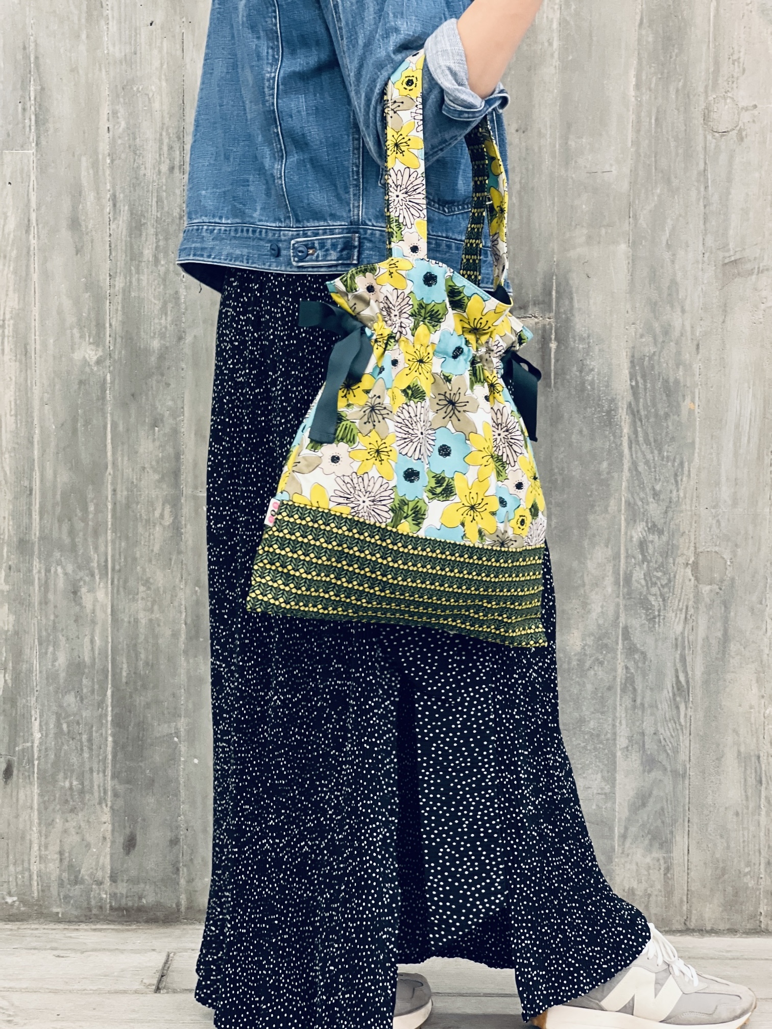 索帶tote bag | 黃藍花 x 黃色點點花