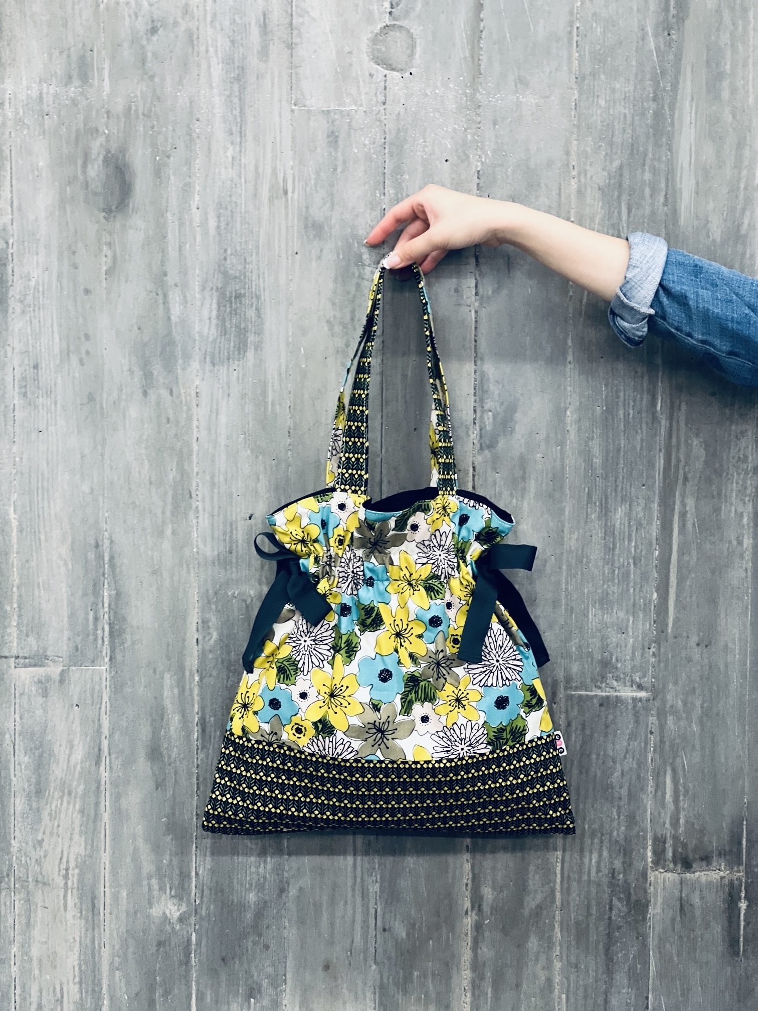 索帶tote bag | 黃藍花 x 黃色點點花