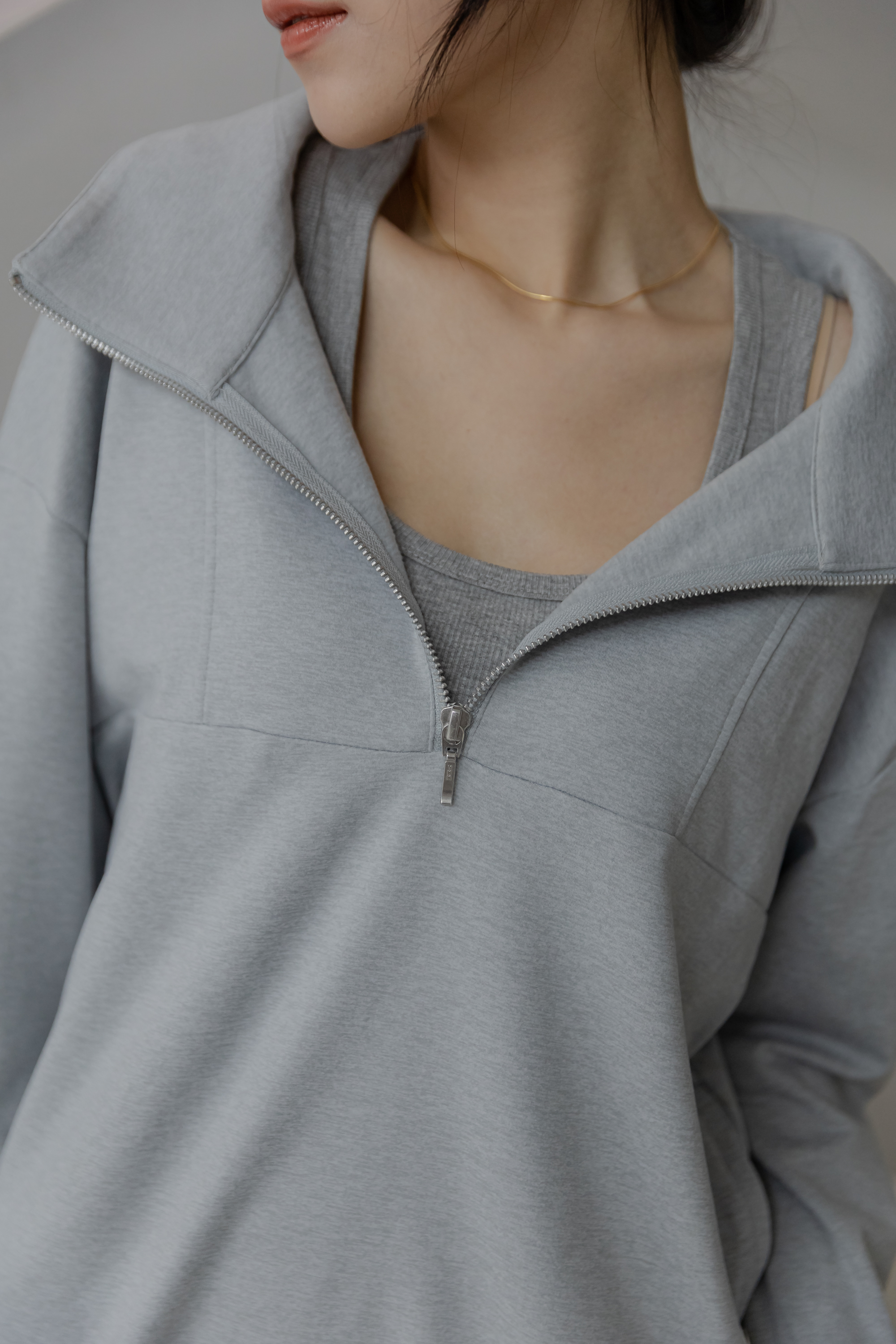 磨毛感寬鬆Half zipper Tee- Light Grey Heather