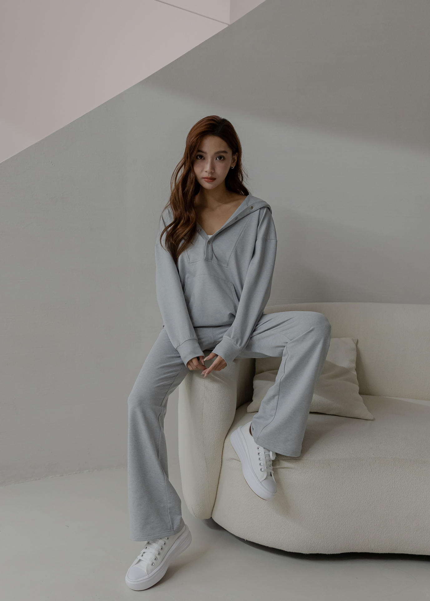 高腰磨毛感長寬褲- Light Grey Heather