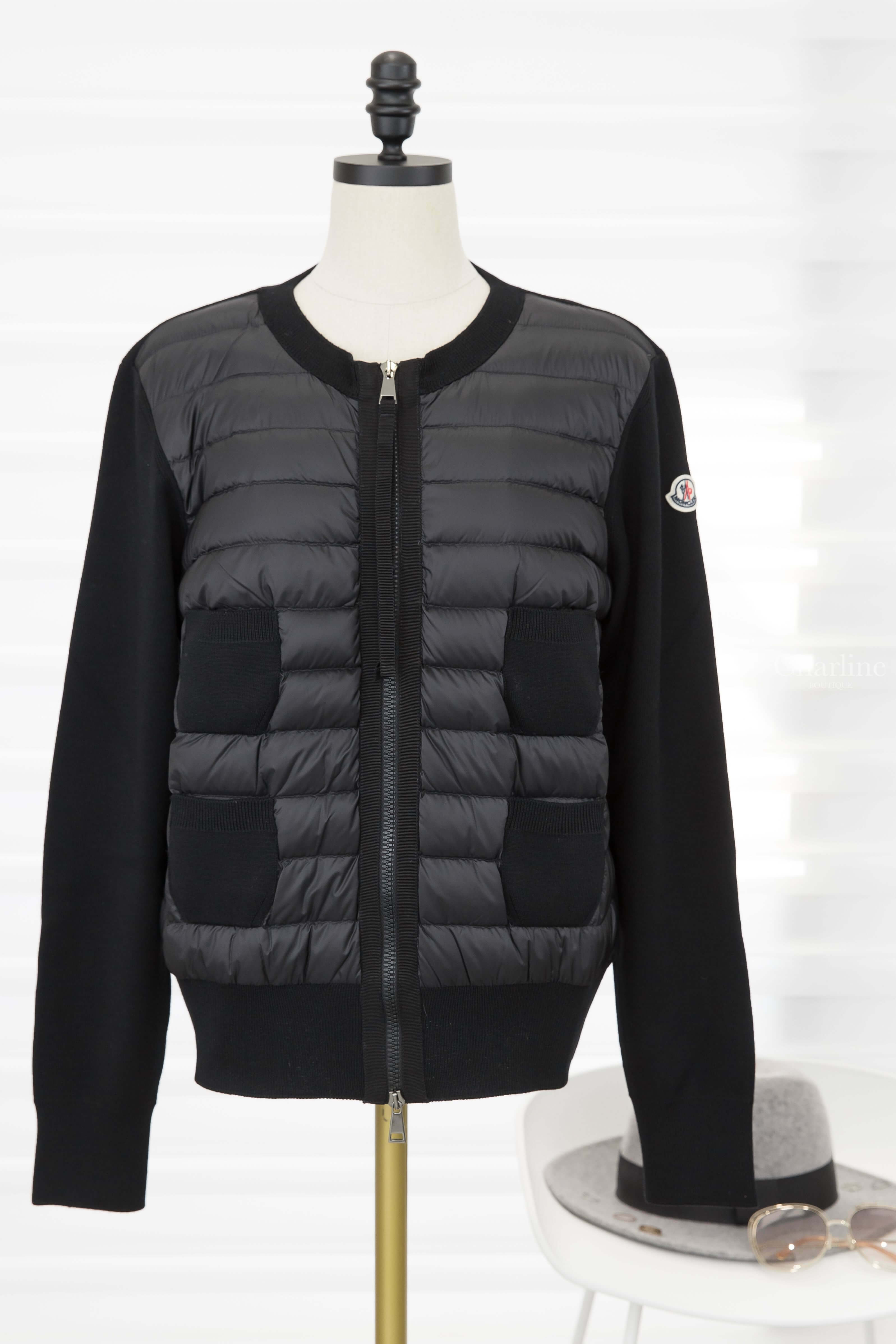 Moncler Cardigan 黑色拼接針織四口袋輕羽絨外套-Charline Boutique 精品代購