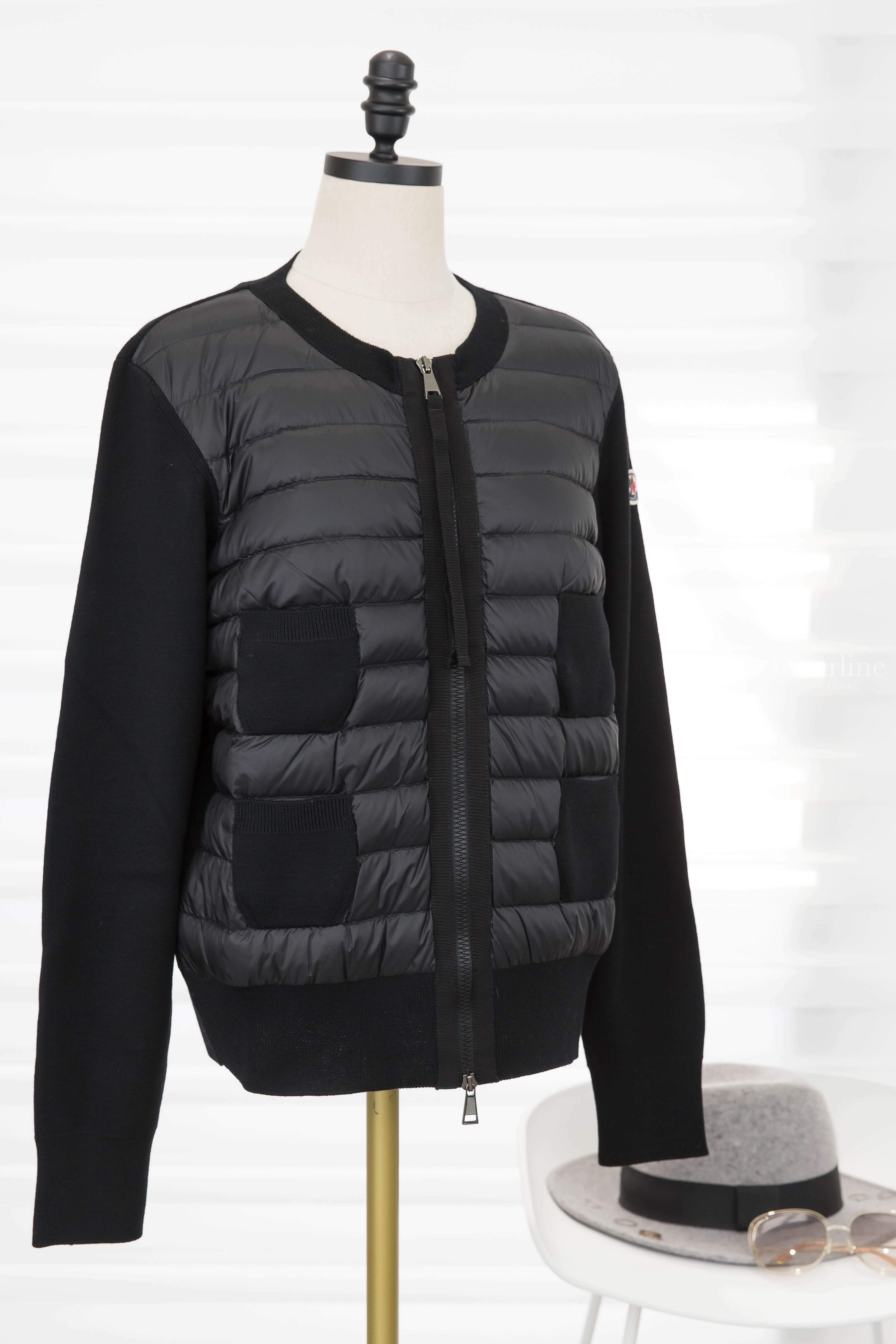 Moncler Cardigan 黑色拼接針織四口袋輕羽絨外套-Charline Boutique 精品代購