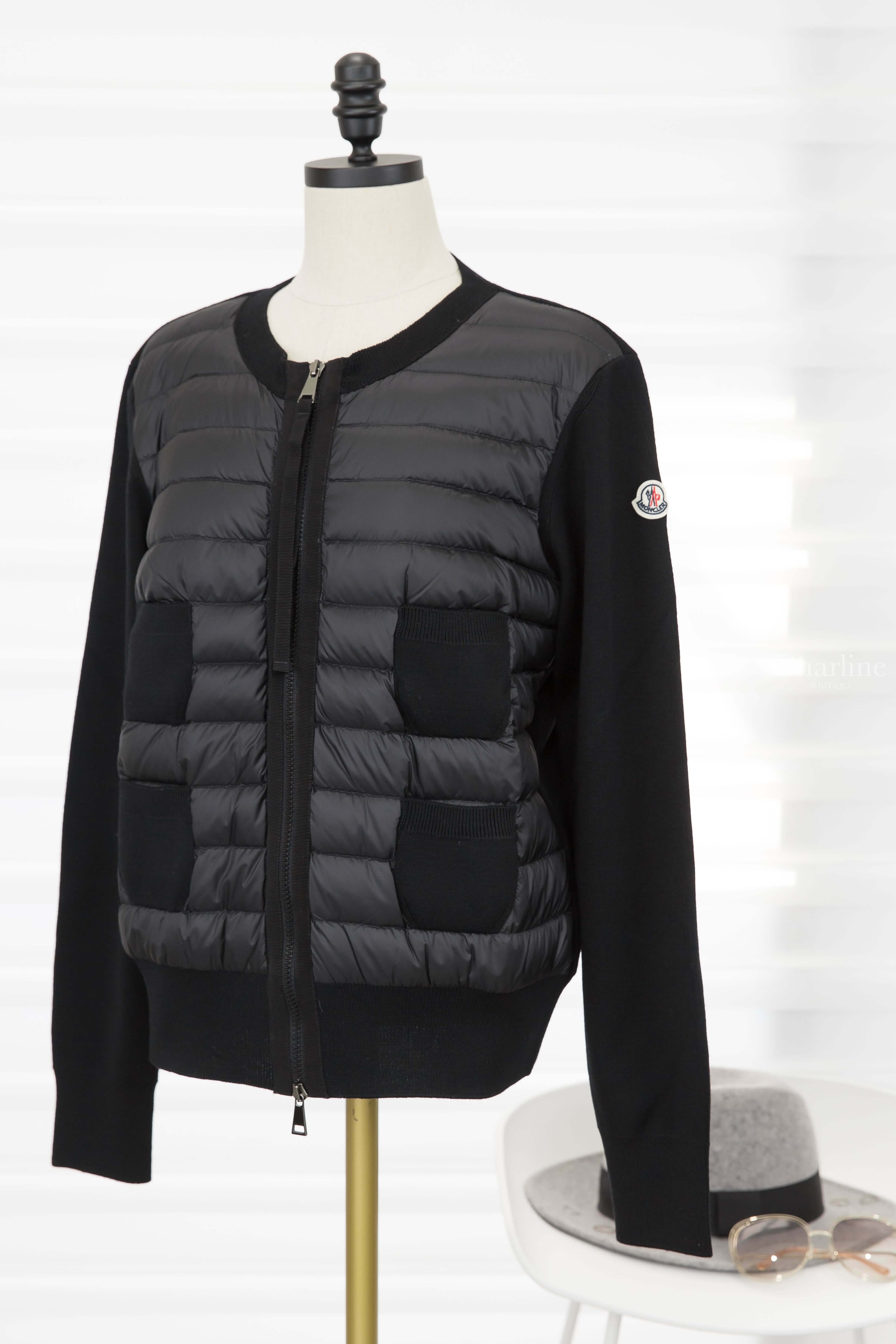 Moncler Cardigan 黑色拼接針織四口袋輕羽絨外套-Charline Boutique 精品代購