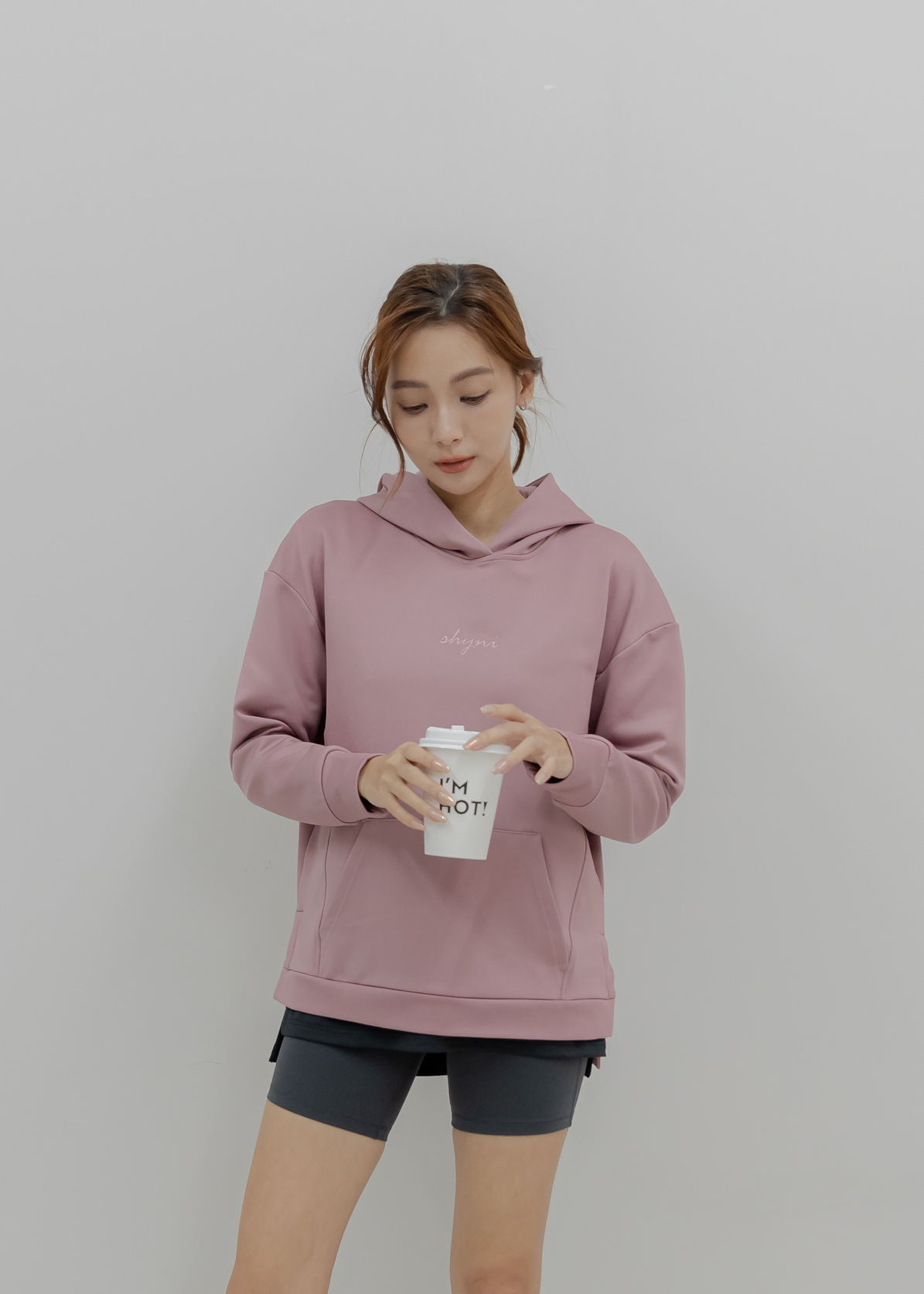 中長版內刷毛刺繡Hoodie- Dusty Rose