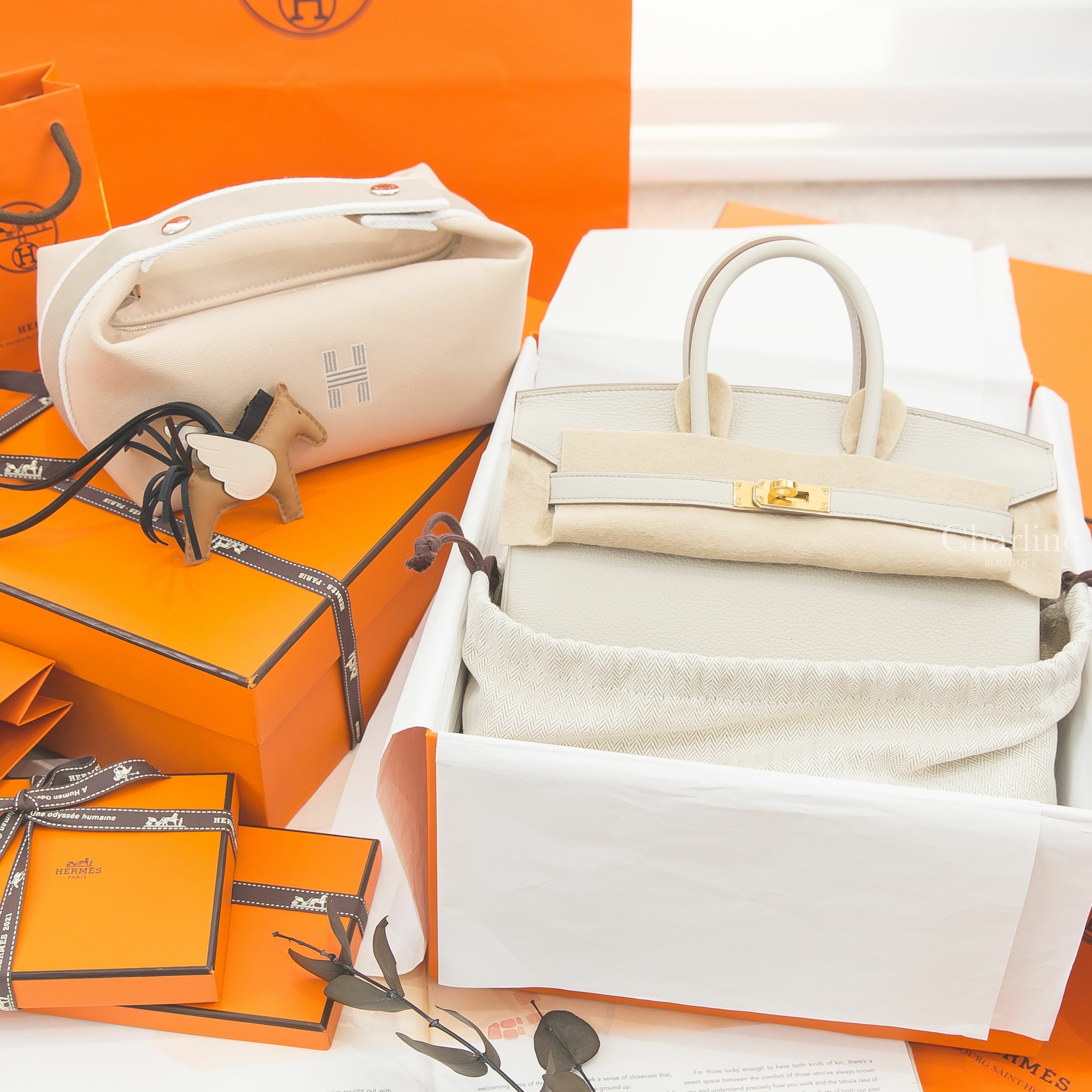Hermès Birkin 25cm 8L Beton Togo U刻冰川灰金釦鉑金包,米白色提把棉質小型手提包,馬薩拉茶色/奶油白/黑色小型飛馬吊飾-Charline Boutique 精品代購