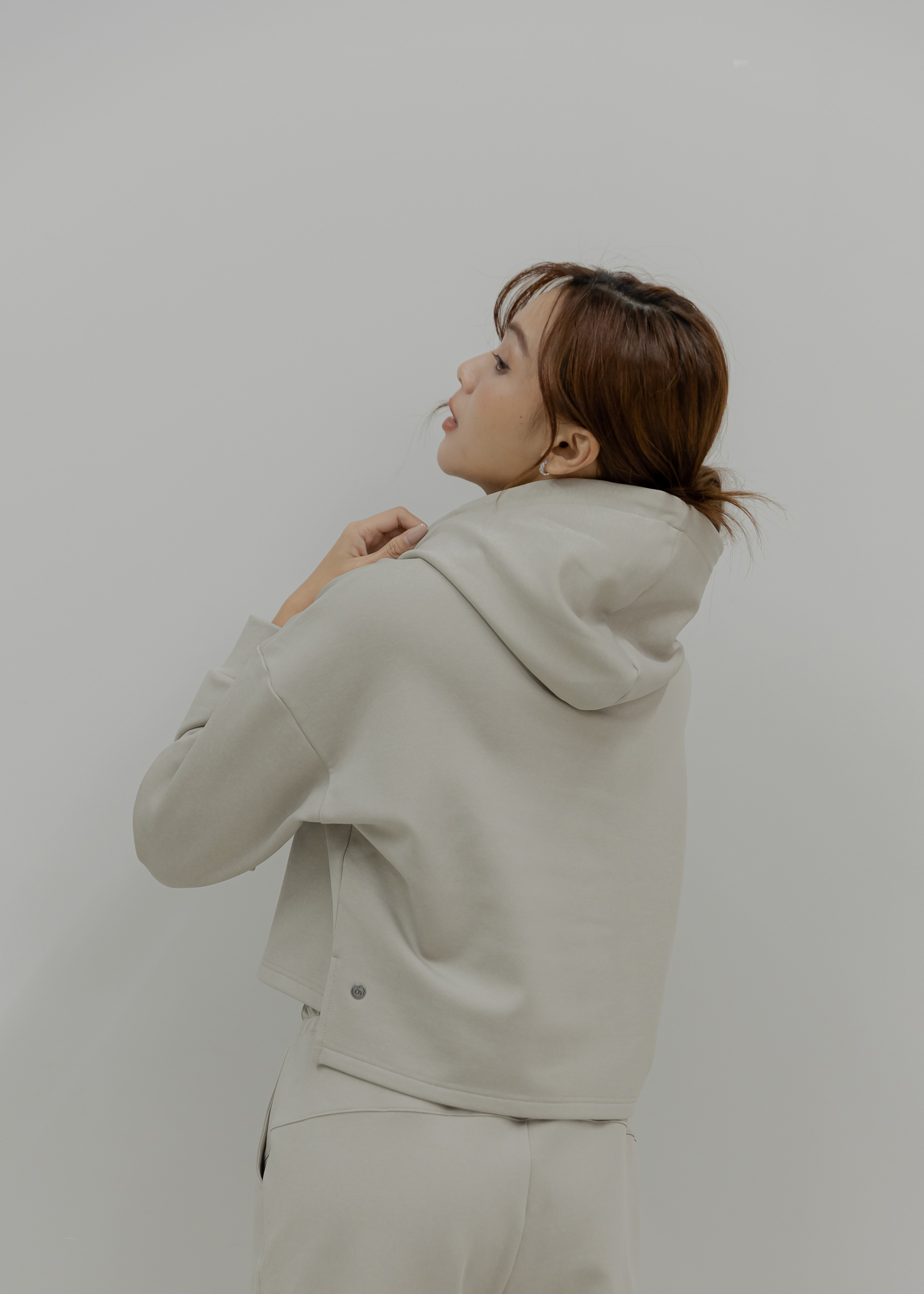 短版內刷毛刺繡Hoodie- Sand Heather