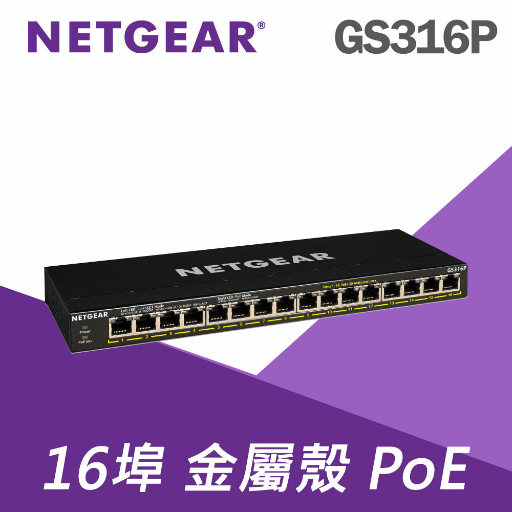 NETGEAR GS316P 16埠 Gigabit PoE 無網管交換器