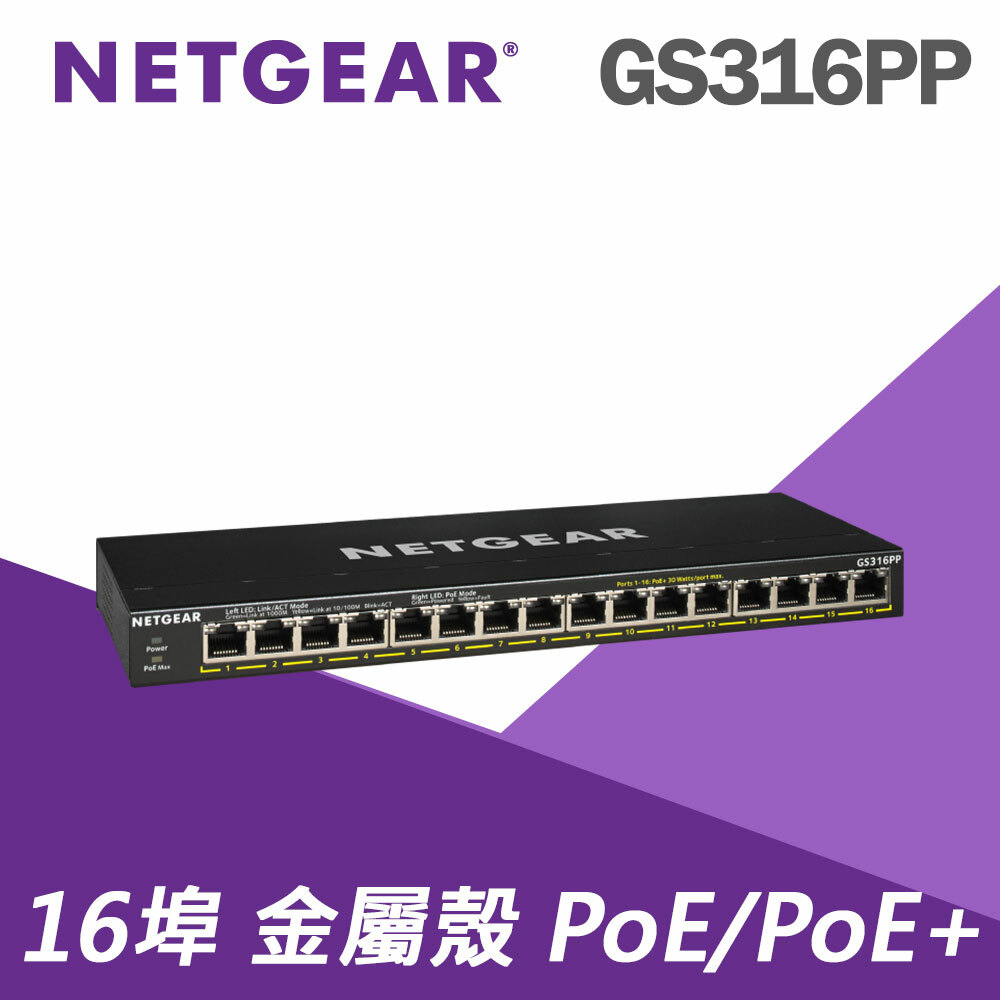 NETGEAR GS316PP 16埠 Gigabit PoE+ 無網管交換器
