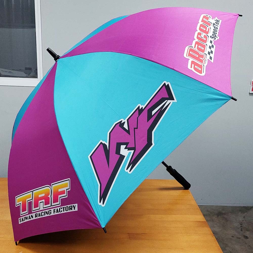 機車競速部品改裝品牌訂製,半遮光黑膠PG布數位印刷傘面,活動宣傳用客製賽車傘,自動高爾夫球傘