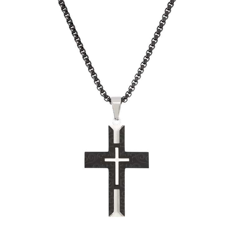 白鋼項鍊，男士項鍊 十字架祥雲紋理；十足展現讓細節更有層次感（2894黑色）