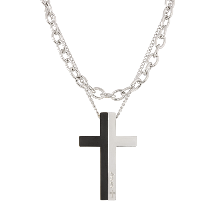 白鋼項鍊，男士項鍊 雙色對稱十字架；Jesus耶穌 雙層鍊設計（2895銀黑）