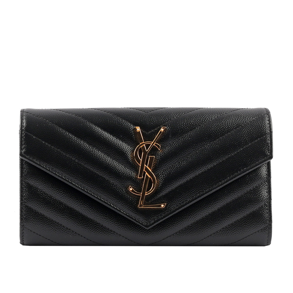 【YSL/Saint Laurent Paris】山形紋荔枝皮金字logo釦式長夾(黑色)