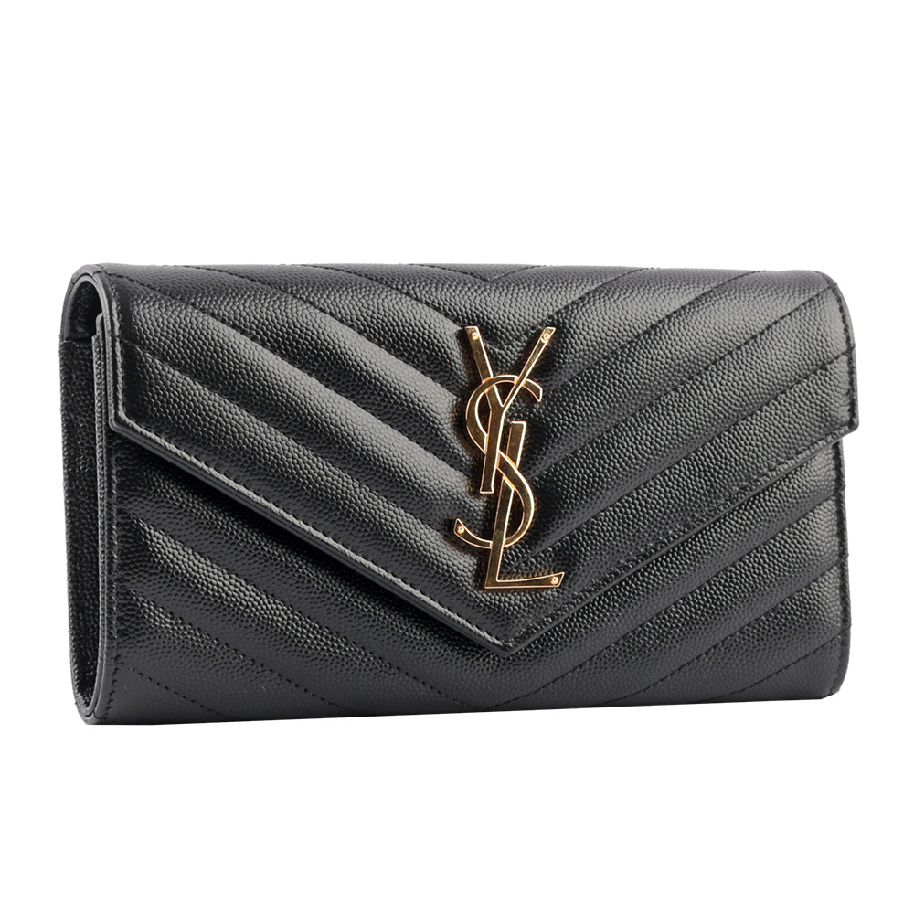 【YSL/Saint Laurent Paris】山形紋荔枝皮金字logo釦式長夾(黑色)