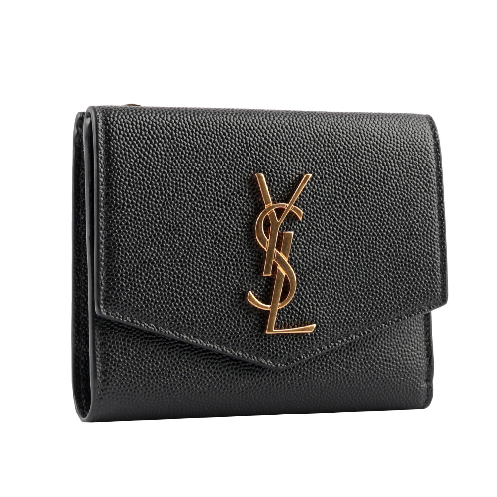 【YSL/Saint Laurent Paris】UPTOWN 金字壓紋小牛皮暗釦短夾(黑色)