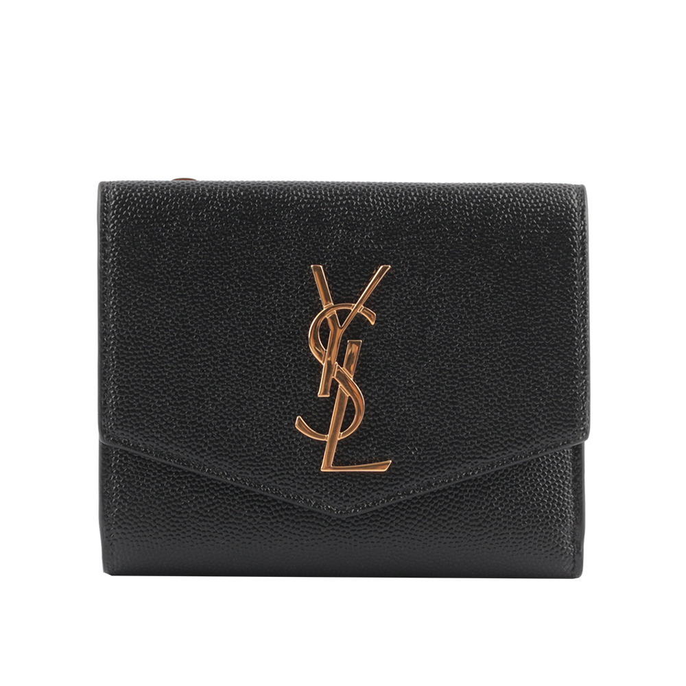 【YSL/Saint Laurent Paris】UPTOWN 金字壓紋小牛皮暗釦短夾(黑色)