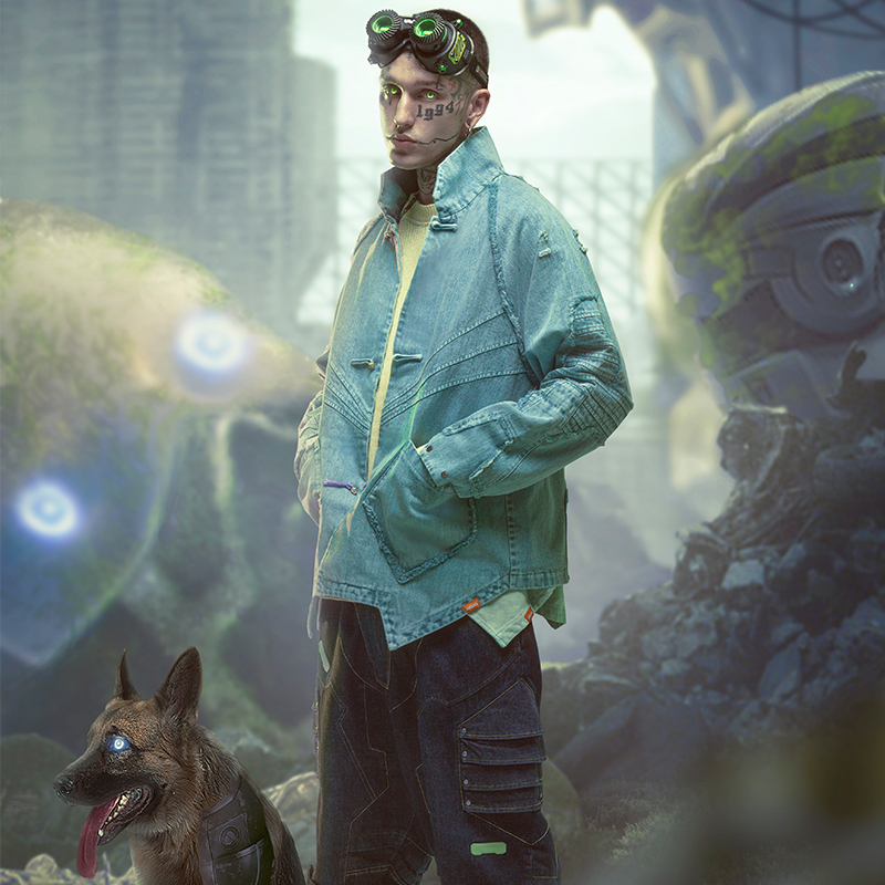 不作惡「智械唐裝」賽博朋克磨損水洗牛仔唐裝