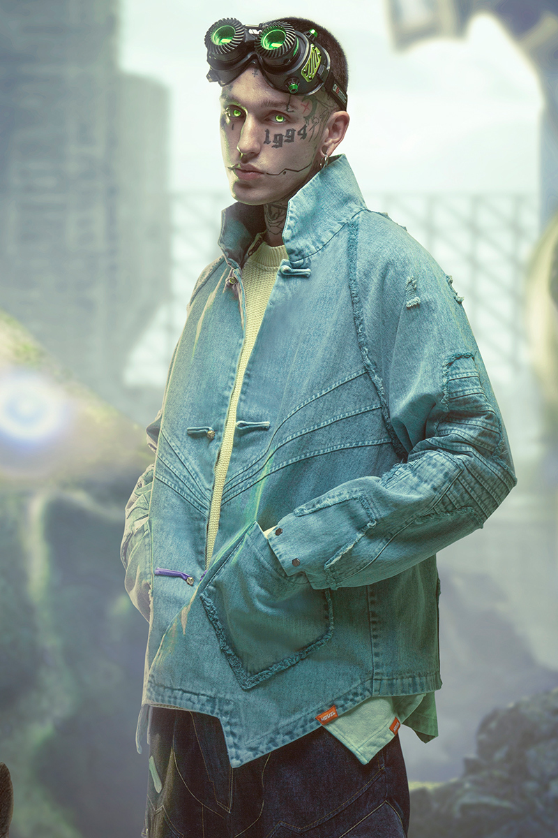 不作惡「智械唐裝」賽博朋克磨損水洗牛仔唐裝