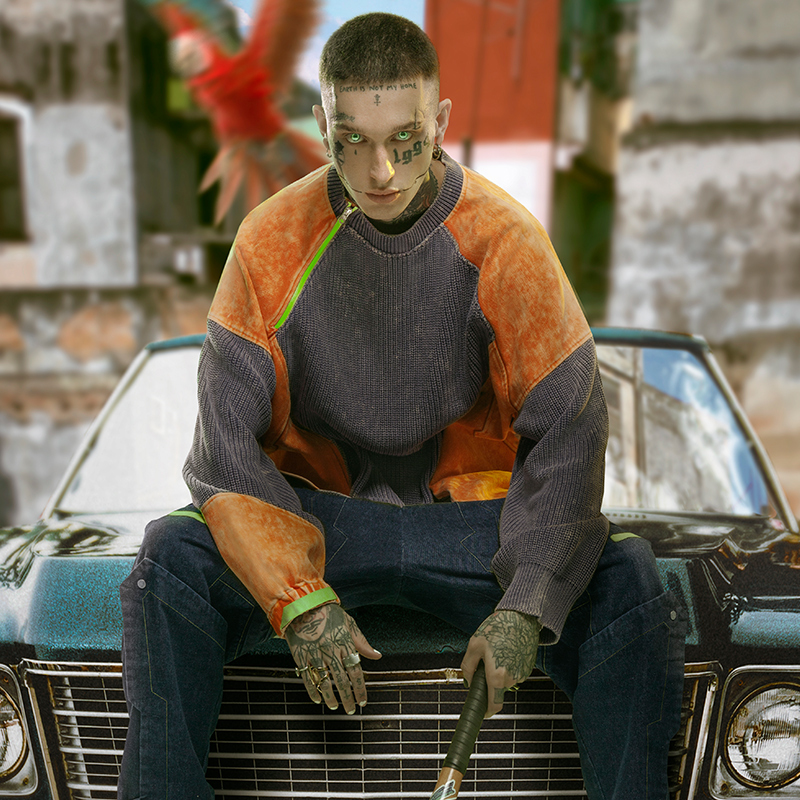 不作惡「極彩水洗毛衣」賽博朋克圓領套頭拼色毛衣