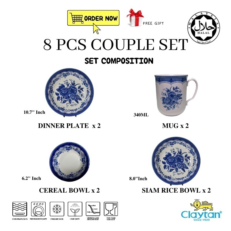 CLAYTAN 8 PCS COUPLE SET (2 PAX) Lead Safe Ceramic Tableware